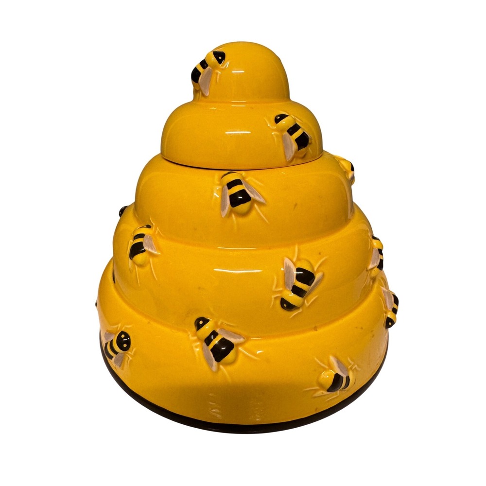 Department 56 Beehive Cookie Jar Yellow Ceramic Honey Bee Skep Kitchen Decor